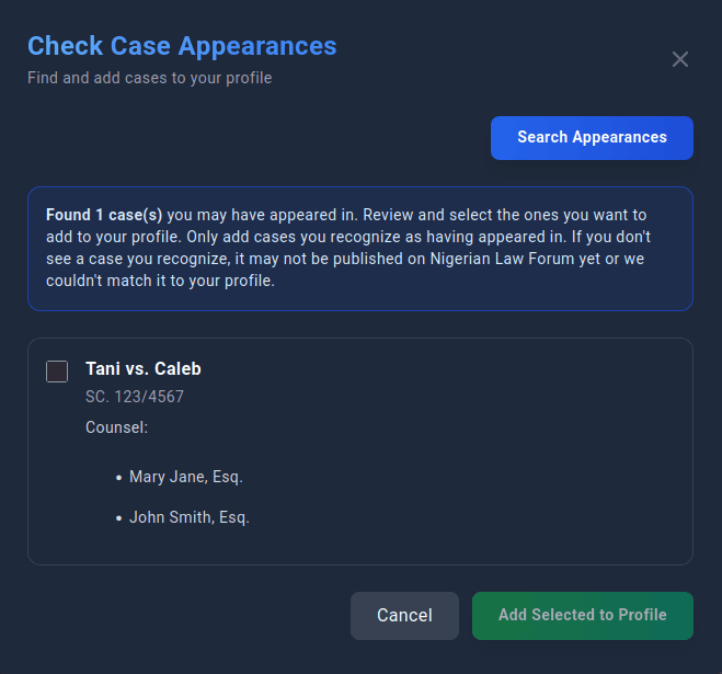 Case appearances search screenshot